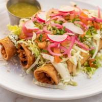 CHICKEN FLAUTAS (3) · Perfectly Crispy Corn Tortillas Rolled With Chicken Topped With Fresh Avocado Cream, Cotija ...