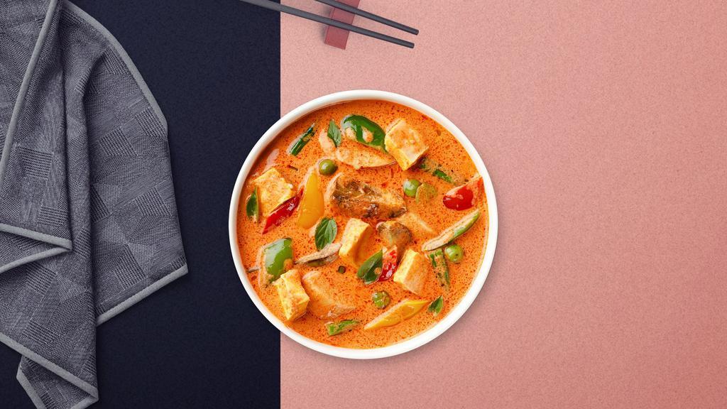 Red Captain Curry · Red curry with bamboo shoots, bell peppers, and basil cooked in coconut milk.