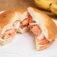 $ Bagel with Lox · Most popular. Smoke salmon with cream cheese, tomato, cappers, onion.