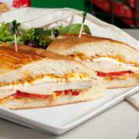 Chipotle Chicken Sandwich · Chicken breast with roasted red pepper, corn, provolone cheese with housemade chipotle mayo.