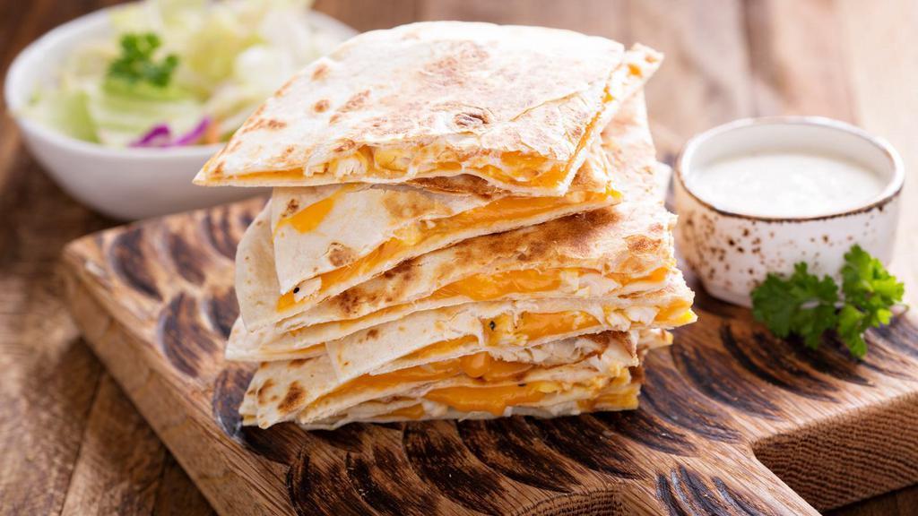 Cheese Quesadilla · Large grilled flour tortilla filled with Jack and Cheddar cheeses. Served with tasty salsa, fresh guacamole and delicious sour cream.