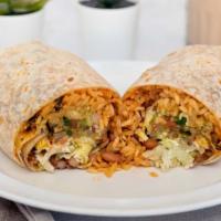 Jumbo Burrito · Meat, rice, beans, cheese, lettuce, sour cream, guacamole, & pico de gallo.