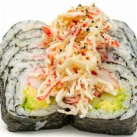 Hotel California Roll · Avocado, cucumber, & krabstik topped with kani salad and sesame seeds.