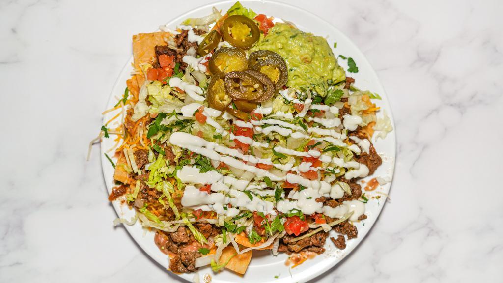 Nachos · The nachos consist of our chips made from our corn tortillas and topped with onions, tomato, sour cream, guacamole, cheese, with a side of salsa and limes.