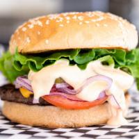 1. The Rock · Beef patty, cheese, lettuce, tomatoes, onion, pickles and house sauce.

These items are serv...