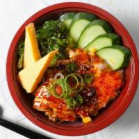 Baked Salmon Bowl · Salmon&corn mix mayo over rice with green onion tobiko sesame seaweed salad(Truffle suace&ma...