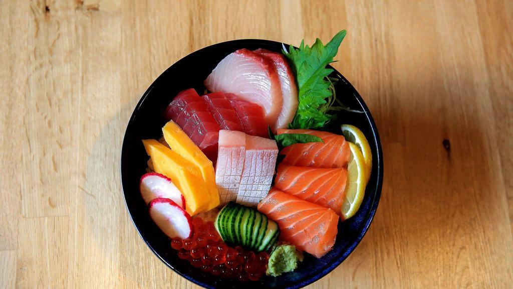 Chirashi Don · Assorted Sashimi, Ikura, Tamago Over Sushi Rice.