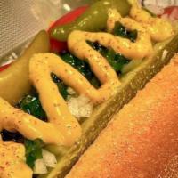 Chicago Chopper · Our tribute to the Chicago style dog! 100% Angus beef dog topped with sweet relish, dill pic...