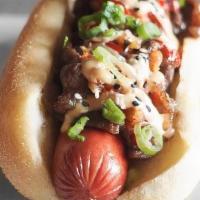 Bulgogi Dog · 100% Angus beef hot dog, topped with kimchi relish, sliced marinated Korean beef, teriyaki m...
