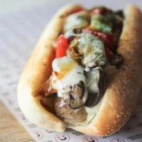 Philly Me Up · Italian sausage topped with sautéed bell peppers & mushrooms, caramelized onions, melted Swi...