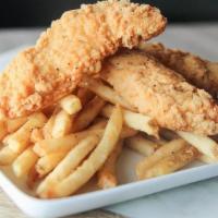 Junior Chik'n Tender Combo · Two pieces of chicken tenders with a side of fries and kid's soda or juice box.