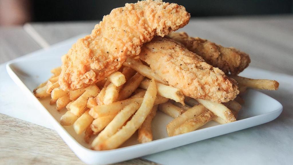 Junior Chik'n Tender Combo · Two pieces of chicken tenders with a side of fries and kid's soda or juice box.