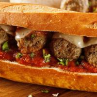 Meatball Parmigiana · Juicy beef meatballs topped with melted mozzarella cheese and warm marinara sauce for exquis...