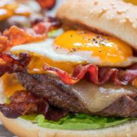 Morning Dew Burger · Beef, topped with fried egg, applewood bacon, cheddar cheese, lettuce, tomato, onion, and ch...
