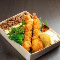 Soboro Don with Ebi Fry · Ground beef and egg with Ebi Fry (Japanese style deep fried shrimp) on top of rice