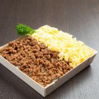 Soboro Don · Cooked ground beef and eggs on top of rice