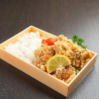 Chicken Karaage · Japanese style deep fried chicken served with rice and vegetables