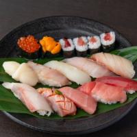 Omakase Sushi Set · 12 pieces of chef selected nigiri with 4 pcs chef selected maki rolls . (05/10/21) Hon Magur...