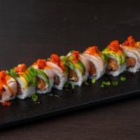 The Heat Check · Shrimp Tempura, avocado, cucumber, topped with torched hamachi with habanero mayo and spicy ...