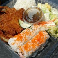 Bento Box · Enjoy of two items with rice, salad, Miso soup.