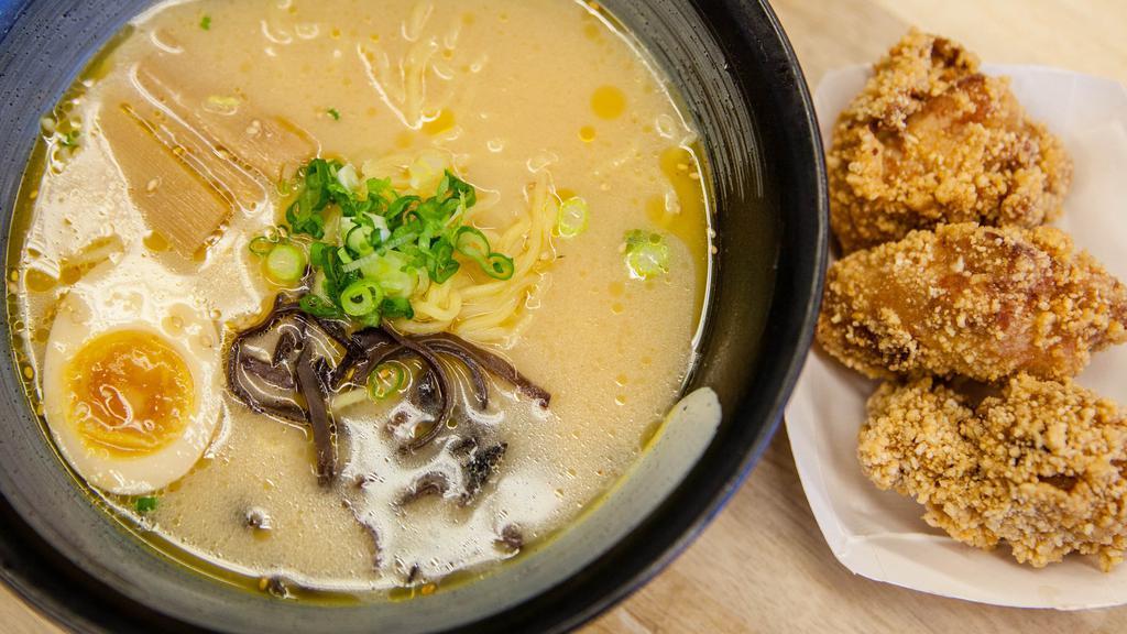 Fried Chicken Miso Ramen · Fried chicken (on the side), bamboo shoots, wood-ear mushrooms, green onions, half egg, sesame and seaweed in Miso Tonkotsu soup