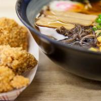 Fried Chicken Shoyu Ramen · Fried chicken (on the side), fish cake, corns, bamboo shoots, wood-ear mushrooms, half egg a...