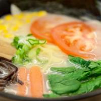 Vegetable Shumi Ramen · Spinach, carrots, corns, tomato, bamboo shoots, wood-ear mushrooms, and green onions in Hous...