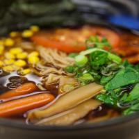 Vegetarian Shoyu Ramen · Spinach, carrots, corns, tomato, bamboo shoots, wood-ear mushrooms, and green onions in soy ...