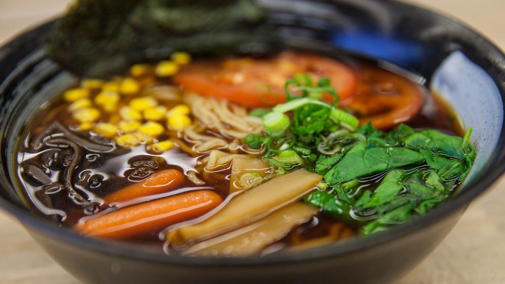 Vegetarian Shoyu Ramen · Spinach, carrots, corns, tomato, bamboo shoots, wood-ear mushrooms, and green onions in soy sauce based broth (ramen noodle)