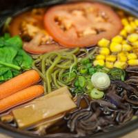 Kale Shoyu Ramen (Vegan) · Spinach, carrots, corns, tomato, bamboo shoots, wood-ear mushrooms, and green onions in soy ...