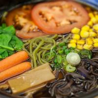 Kale Shoyu Ramen (Vegan) · Spinach, carrots, corns, tomato, bamboo shoots, wood-ear mushrooms, and green onions in soy ...