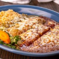 Tres Marías · Three Enchiladas Beef, Chicken & Cheese covered with Red Sauce, Green Sauce, Suiza Sauce & t...