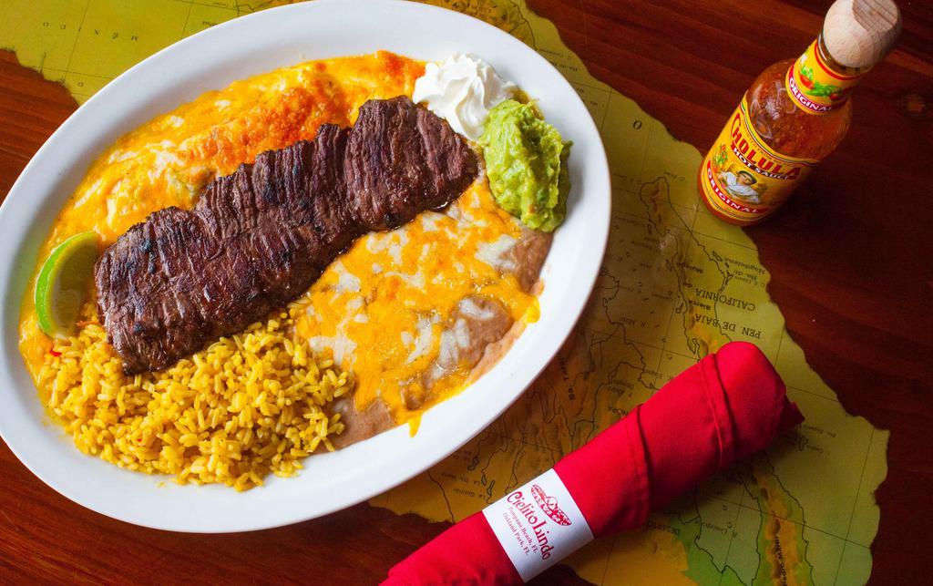 34. Carne Asada · A thin seasoned grilled Steak served with Guacamole on the side
Served with Rice and Beans
Choice of Corn or Flour Tortillas