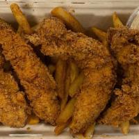 Fried Chicken Strips W/ Cajun Fries · Marinated chicken breast strips hand-battered in a seasoned white flour and fried. Served wi...