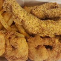 50/50 w/ Cajun Fries · 4 fresh large gulf shrimp & 2 pieces of Mississippi catfish fried golden. Served w/ cajun fr...