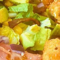 Baja Salad + 1 Sauce · Lettuce, corn, black beans, red onion, avocado, tomato slices, Smoked-Turkey Bacon, Tortilla...