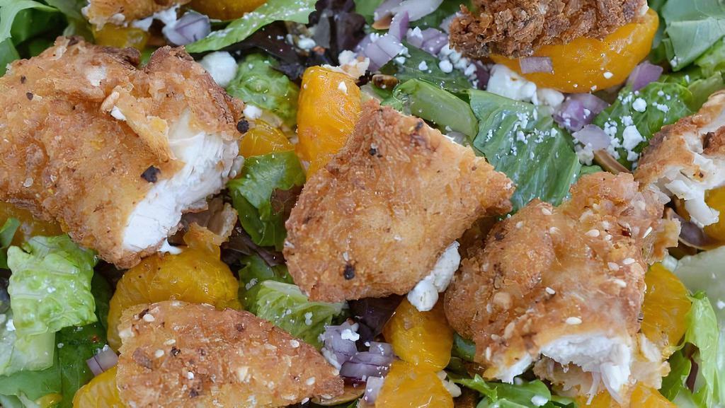 Asian Citrus Salad + 1 Sauce · Mixed Greens, red onion, Mandarin Oranges, goat Cheese, toasted almonds, crispy noodles with choice of dressing.