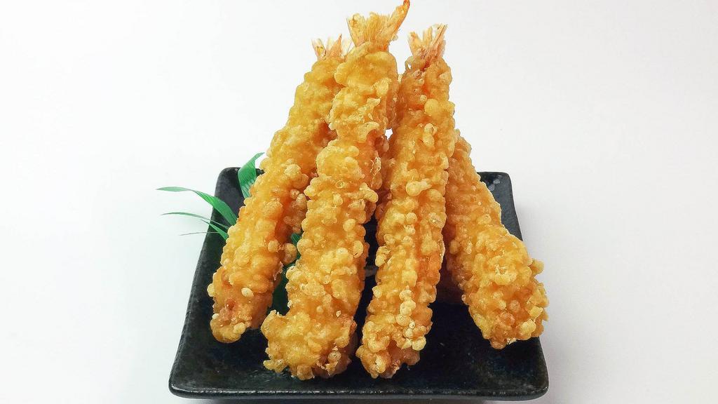 Shrimp Tempura · Fried tempura battered shrimp. Comes with tempura sauce. 4 pieces.