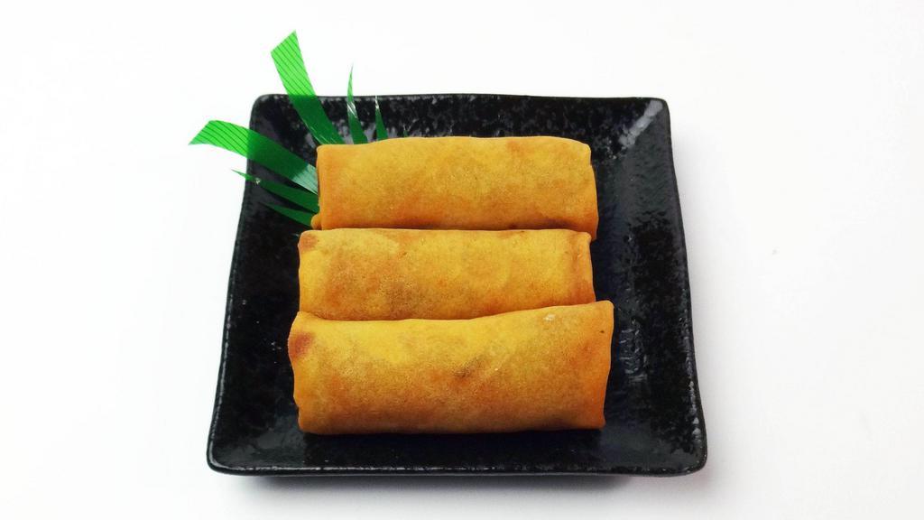 Spring Rolls · Vegetable spring rolls, fried. Comes with sweet and sour sauce. 3 pieces. (v)