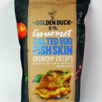 The Golden Duck - Salted Egg Yolk Fish Skin Chips · Fish skin, salted egg yolk, curry leaves, coconut, chili. Imported from Singapore. 125 grams.
