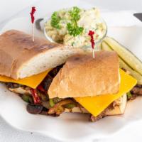 Philly Cheese Steak · Beef grilled with bell pepper, onion, mushroom, cheddar cheese on French roll. (Your choice ...