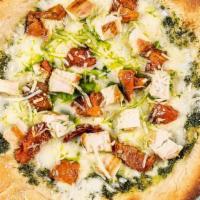 Fragrant Fowl · Basil pesto sauce, mozzarella fontina blend, oven roasted roma tomatoes, grilled chicken bre...