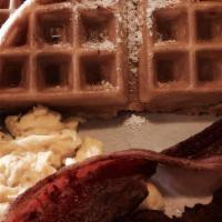 Belgian Waffle Combo · Belgian waffle with two eggs made to order and your choice of bacon or sausage. Served with ...