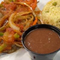 Bistec Salvadoreño · Salvadoran Steak served w/rice, refried beans & salad