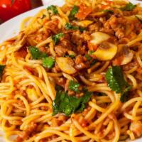 Chicken Mushroom Spaghetti · Spaghetti made with chicken, mushrooms and marinara sauce.