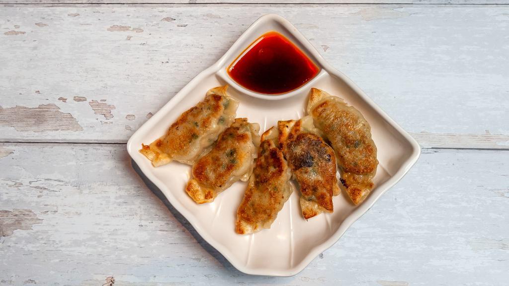 Gyoza (5) · Five pieces freshly made pan-fried pork dumplings. Voted best in the silicon valley.