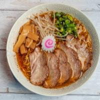 Charsu · Shoyu based broth with scallions, bamboo shoots, bean sprouts, naruto and extra pork slices