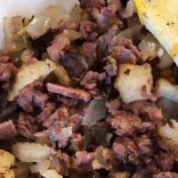 Corned Beef Hash · Two eggs and toast.