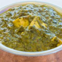 Sag Paneer · Fresh spinach cooked with herbs and homemade cheese.
