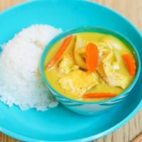 Yellow Curry Chicken · Chicken, potato, carrot, and onion in yellow curry sauce.